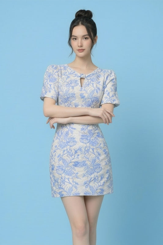 B.Right Off/White Blue Bubble Sleeve Jacquard Mini Dress
