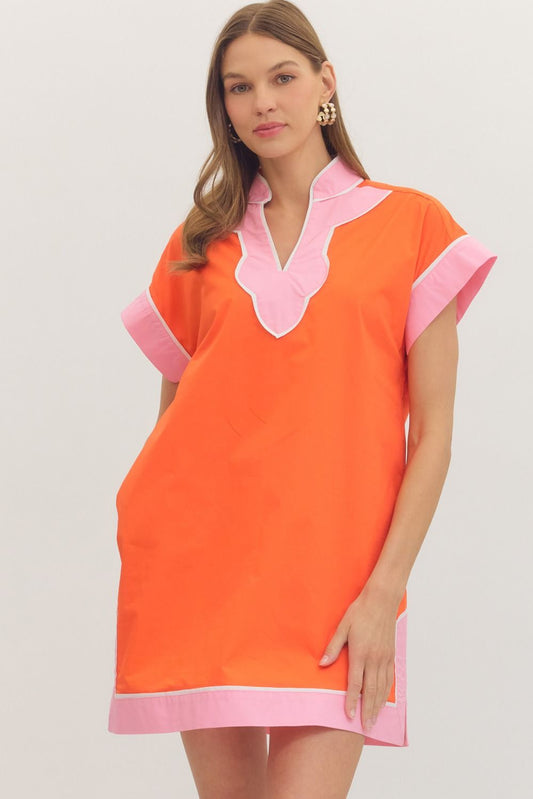 Entro Orange/Pink Scallop V-Neck Dress