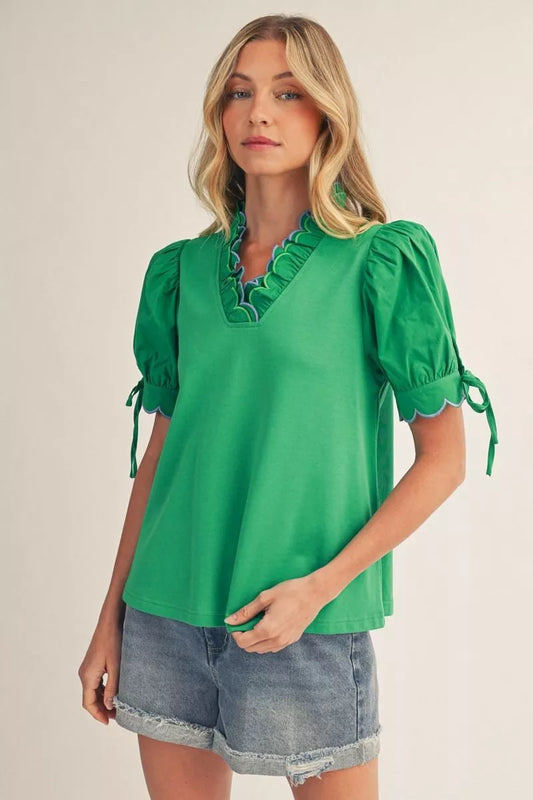 Jodifl Green/Blue Scalloped Top