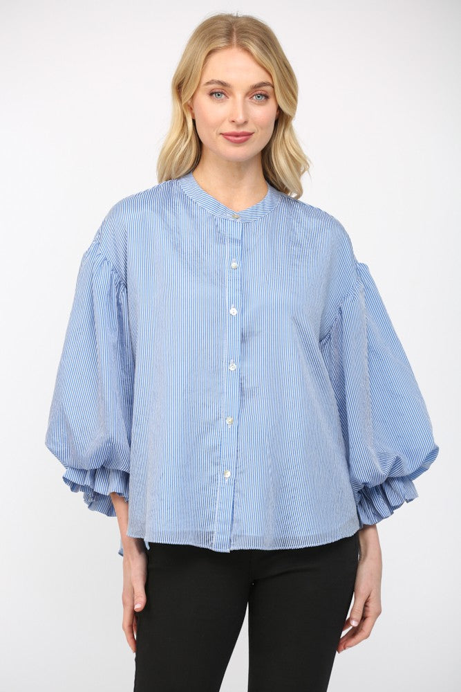 Fate Blue Pinstripe Voluminous Bubble Sleeve Blouse
