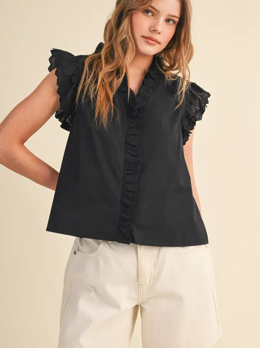 &Merci Black Ruffled Button Top