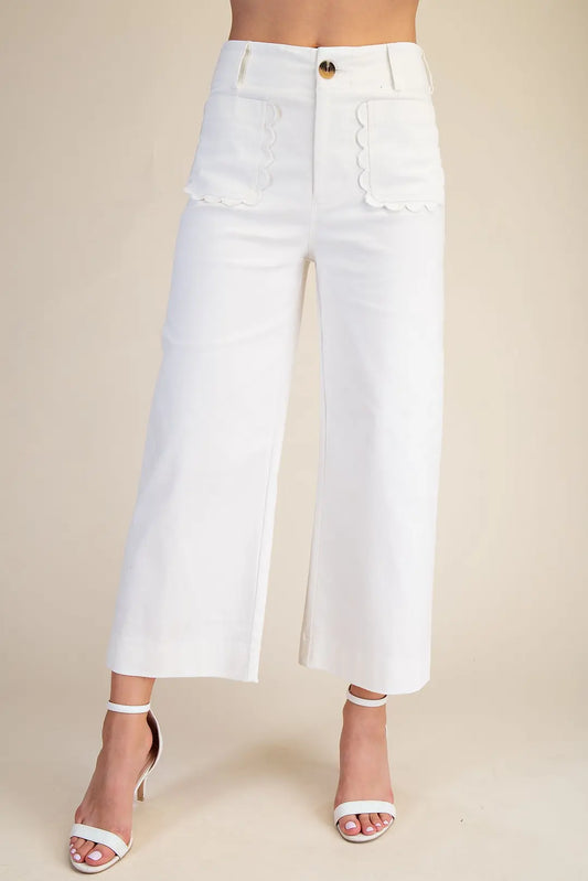 Glam White Colette Cropped Wide-Leg Scallop Pants (GP8758)