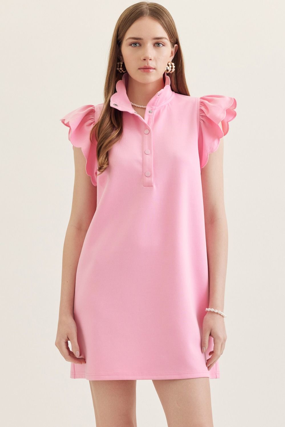 Entro Pink Scallop Flutter Sleeve Mini Dress