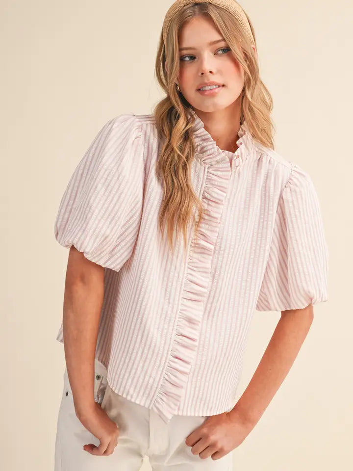 &Merci Pink Striped Ruffled Button Down
