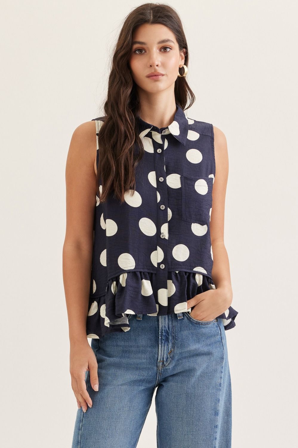 Entro Navy Polka Dot Sleeveless Top