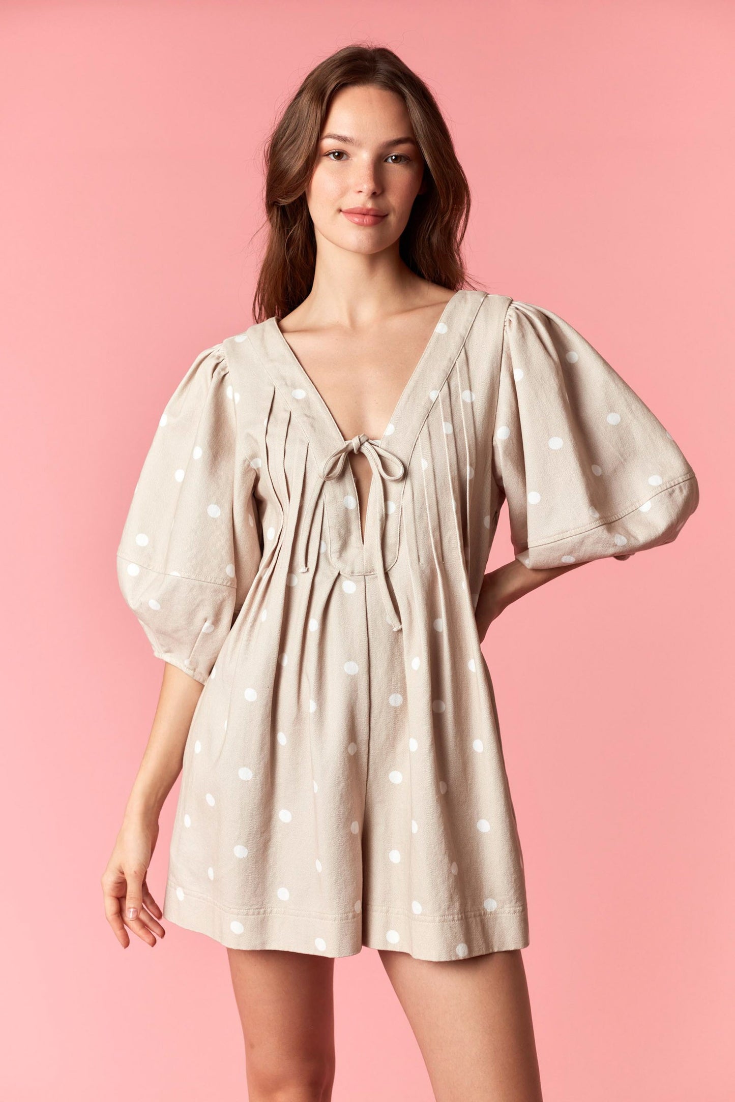 Peach Love Taupe Polka Dot Twill Bubble Sleeve Romper