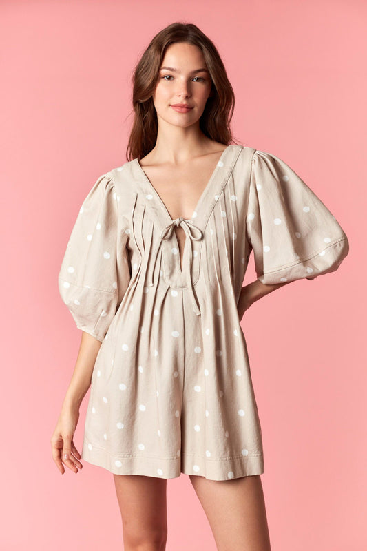 Peach Love Taupe Polka Dot Twill Bubble Sleeve Romper