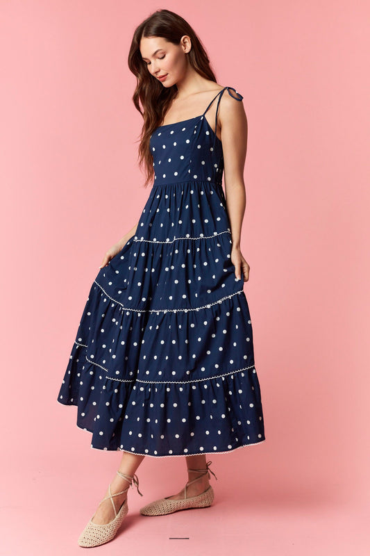 Peach Love Navy Polka Dot Tiered Maxi Dress