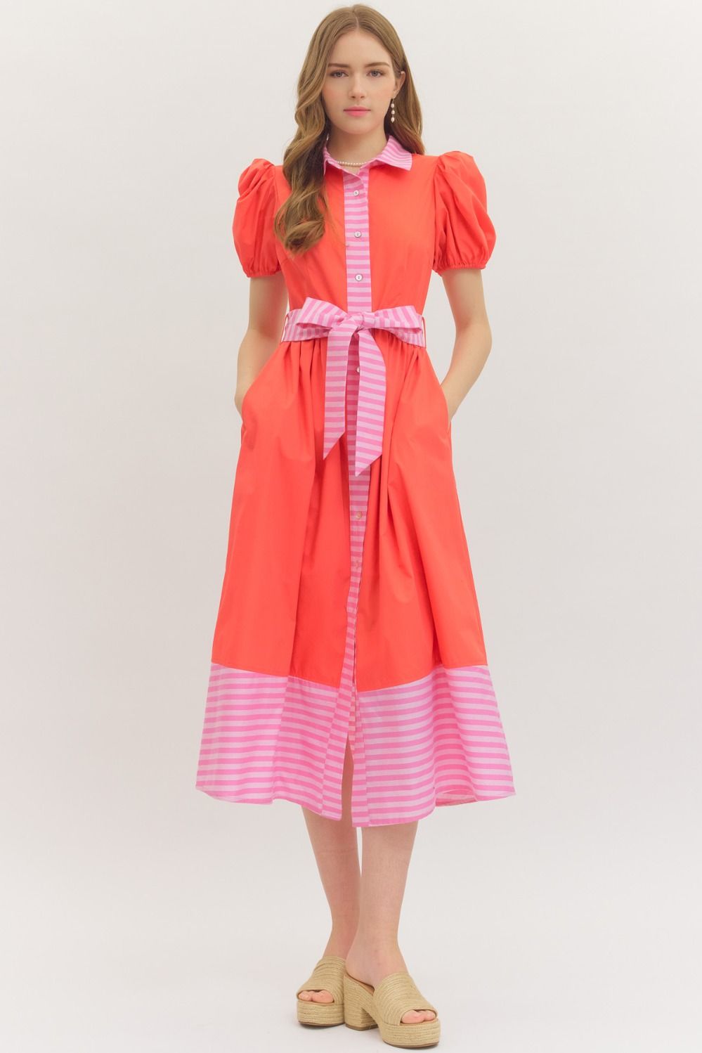 Entro Red/Pink Contrast Midi Dress