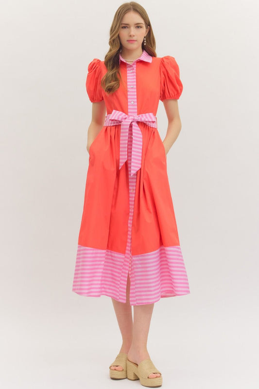 Entro Red/Pink Contrast Midi Dress