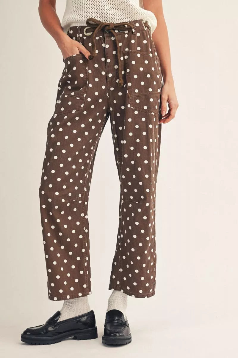 Jodifl Brown Polka Dot Drawstring Barrel Pants