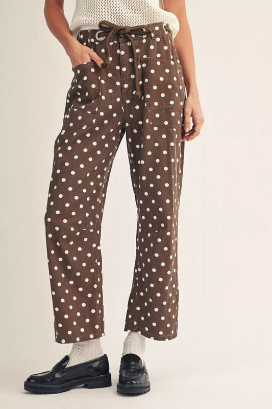 Jodifl Brown Polka Dot Drawstring Barrel Pants