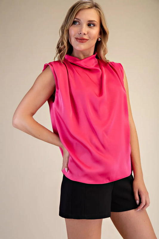 Glam Fuchsia Cowl Neck Pleats Sleeveless Top
