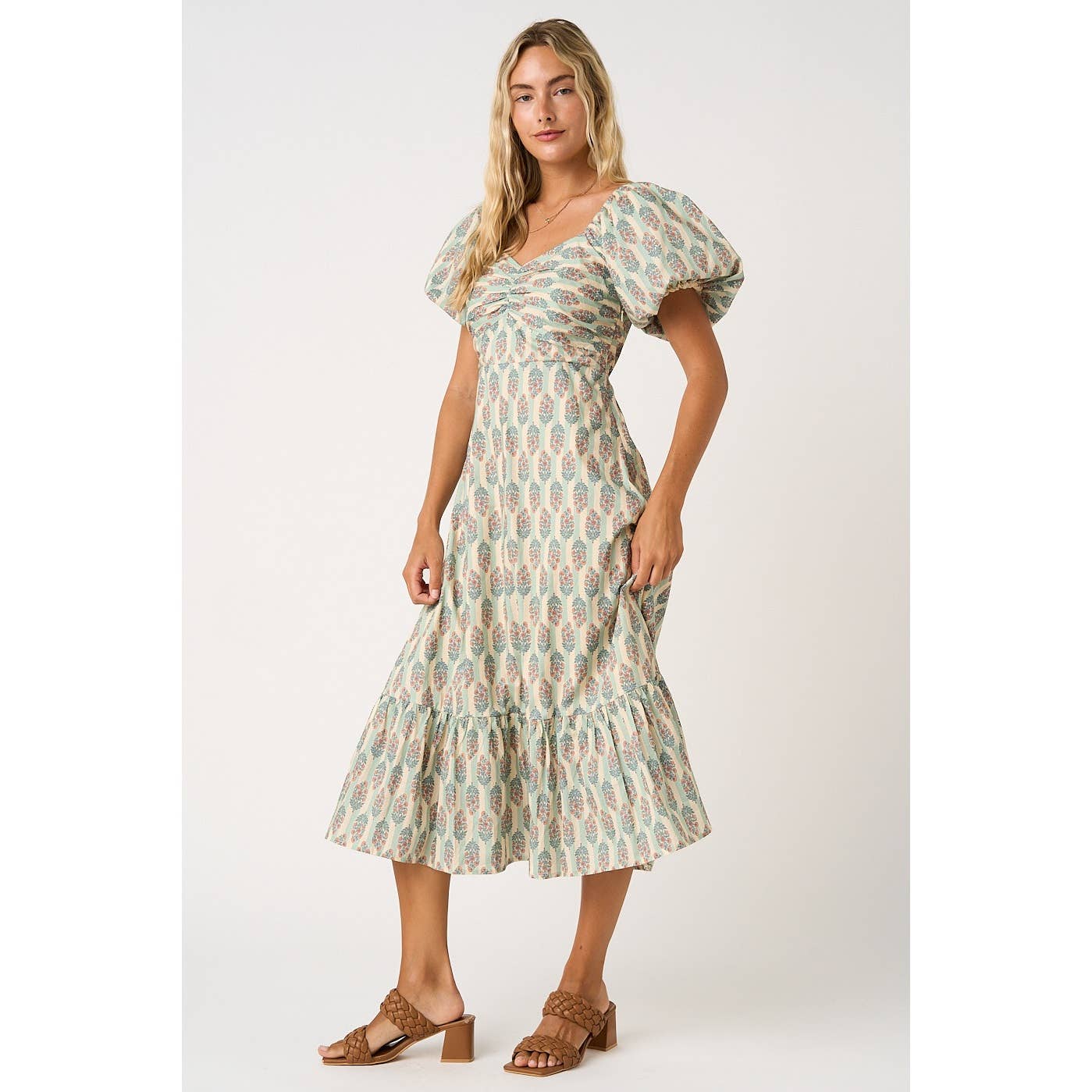 FLORAL STRIPED PRINT PUFF SLEEVE MIDI DRESS