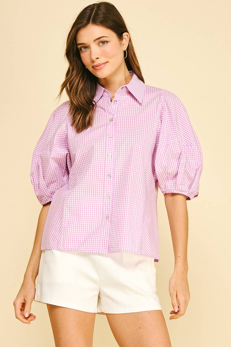 Pinch Lavender Gingham Button Down Top