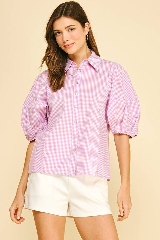 Pinch Lavender Gingham Button Down Top