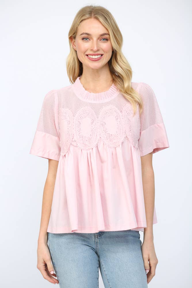 Fate Pink Mesh Applique Top