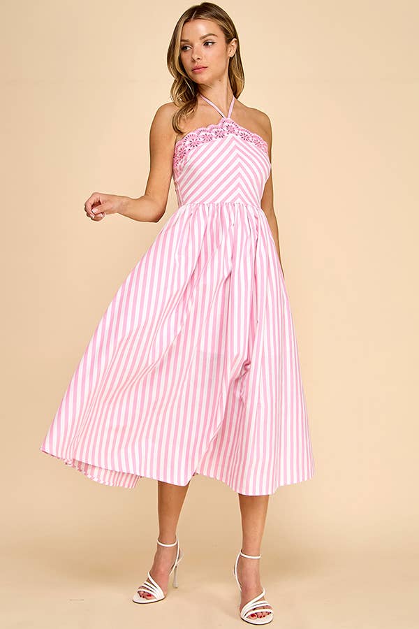 Baby Pink White/Pink Scalloped Halter Midi Dress