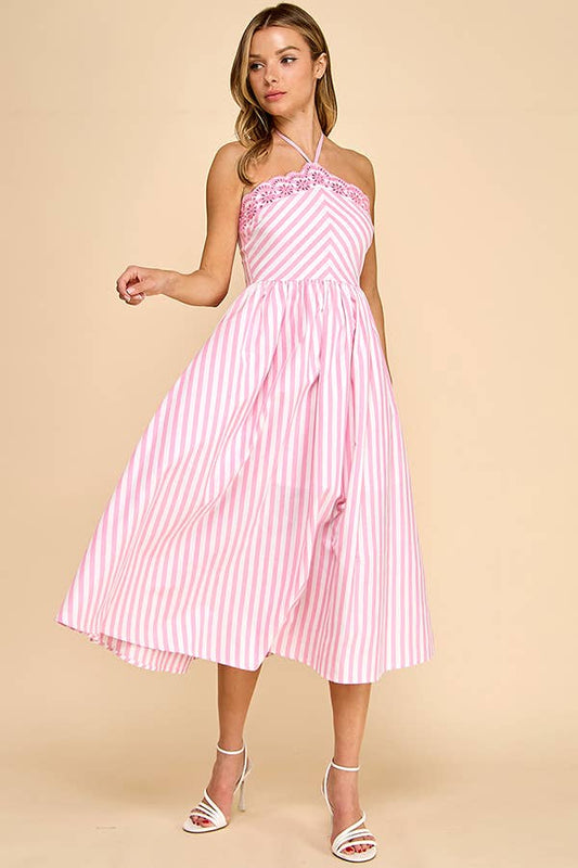 Baby Pink White/Pink Scalloped Halter Midi Dress