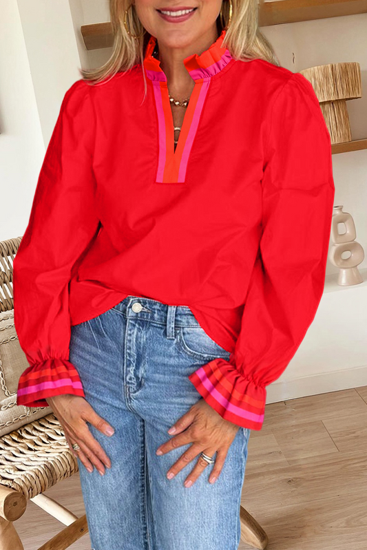 66 Mock Neck Striped Trim Ruffle Split Neck Blouse (S-XL)