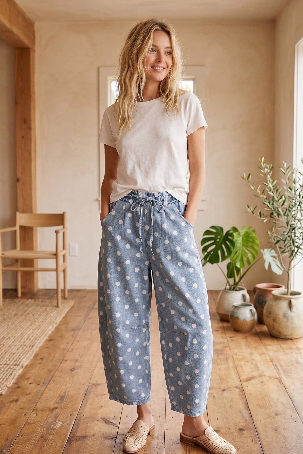 Sewn and Seen Polka Dot Denim Barrel Pants