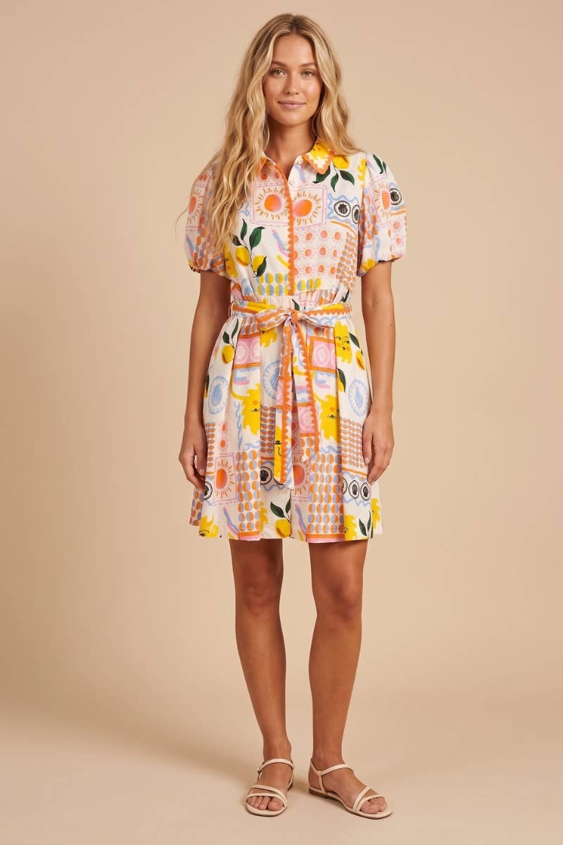 J.NNA Orange Multi Color Pattern Button Down Dress