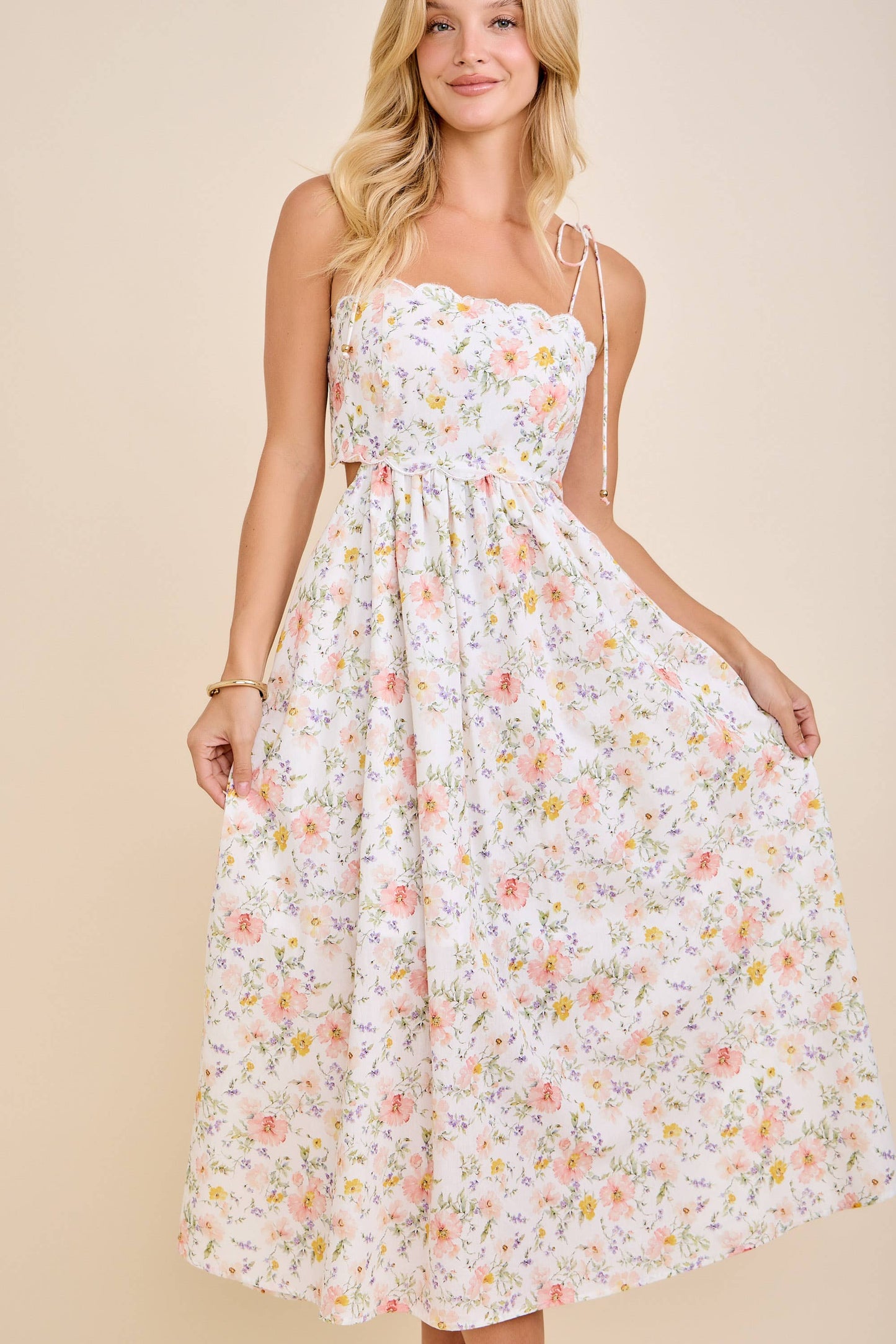 Main Strip White Scallop Edge Tie Shoulder Floral Midi Dress