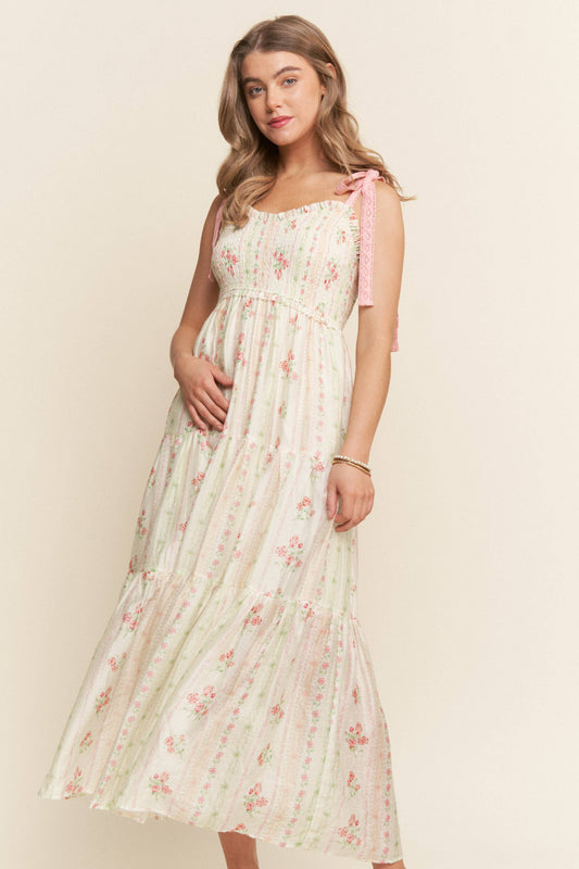 J.nna Pink Floral Lace Ribbon Strap Dress