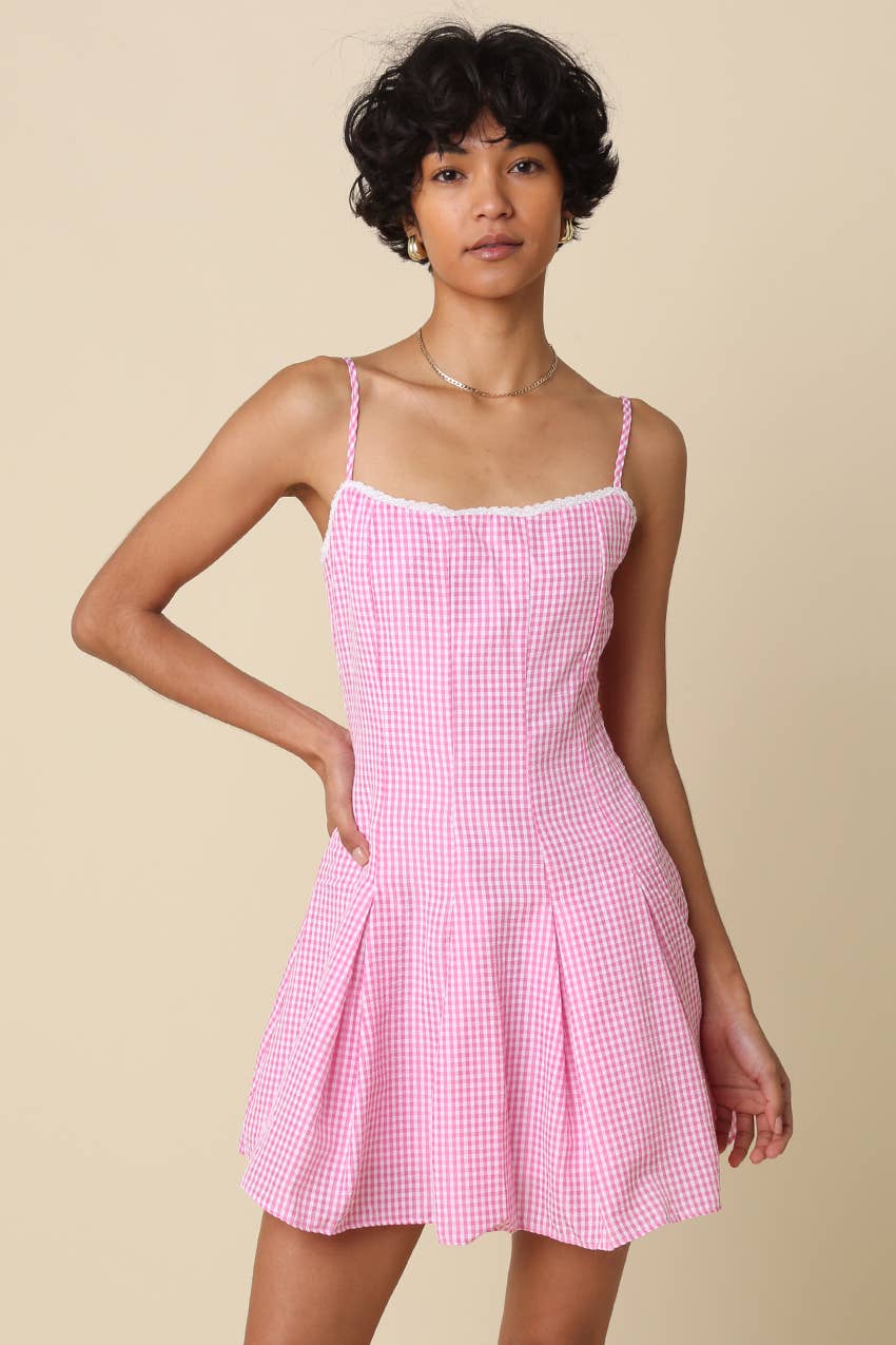 Olivaceous Pink Gingham Flared Mini Dress