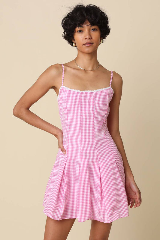 Olivaceous Pink Gingham Flared Mini Dress