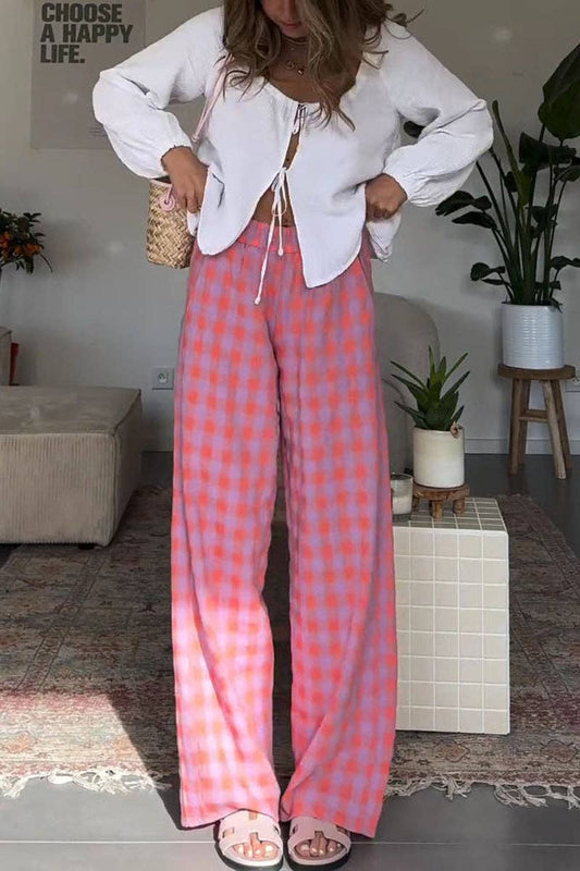 McColin Pink Relaxed Checkered Wide-Leg Pants