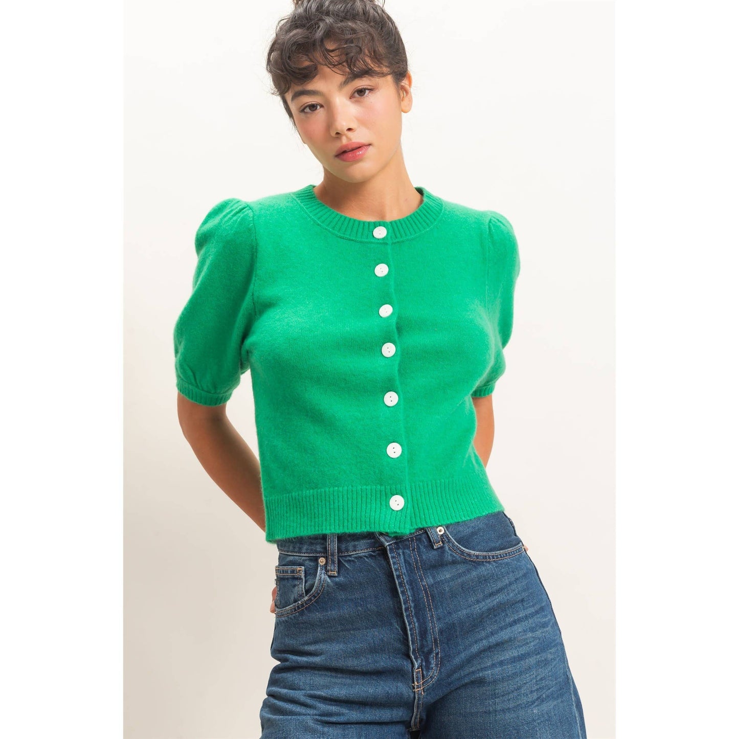 HYFVE Green Button Front Puff Sleeve Cardigan