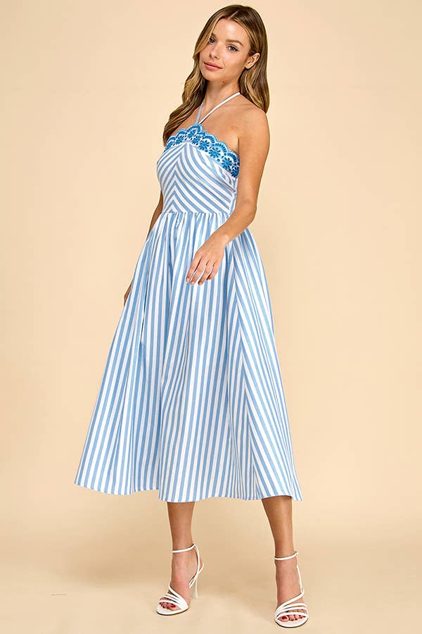 Baby Pink White/Pink Scalloped Halter Midi Dress