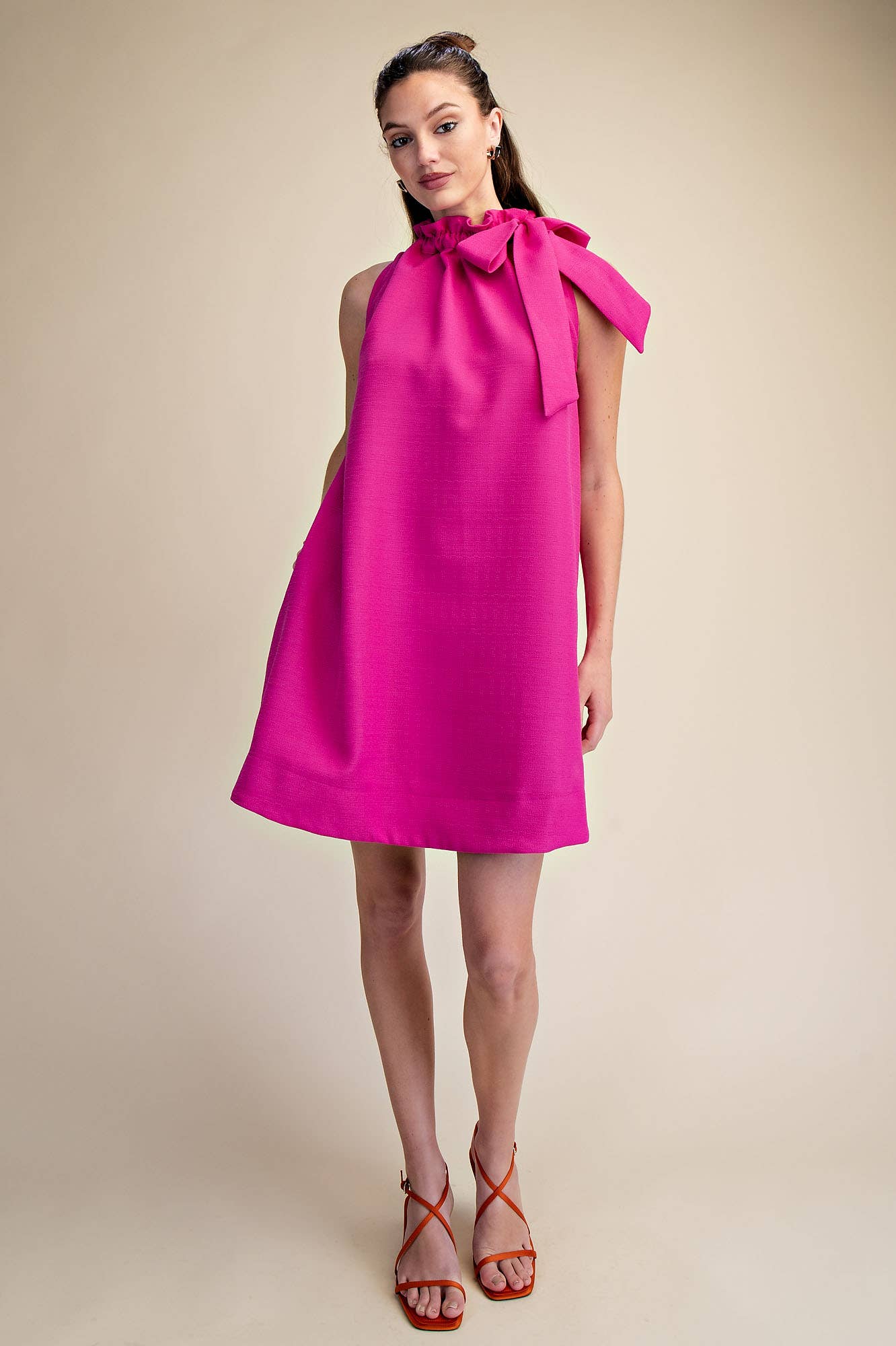 Glam Magenta Tie Round Ruffle Neck Sleeveless Mini Dress