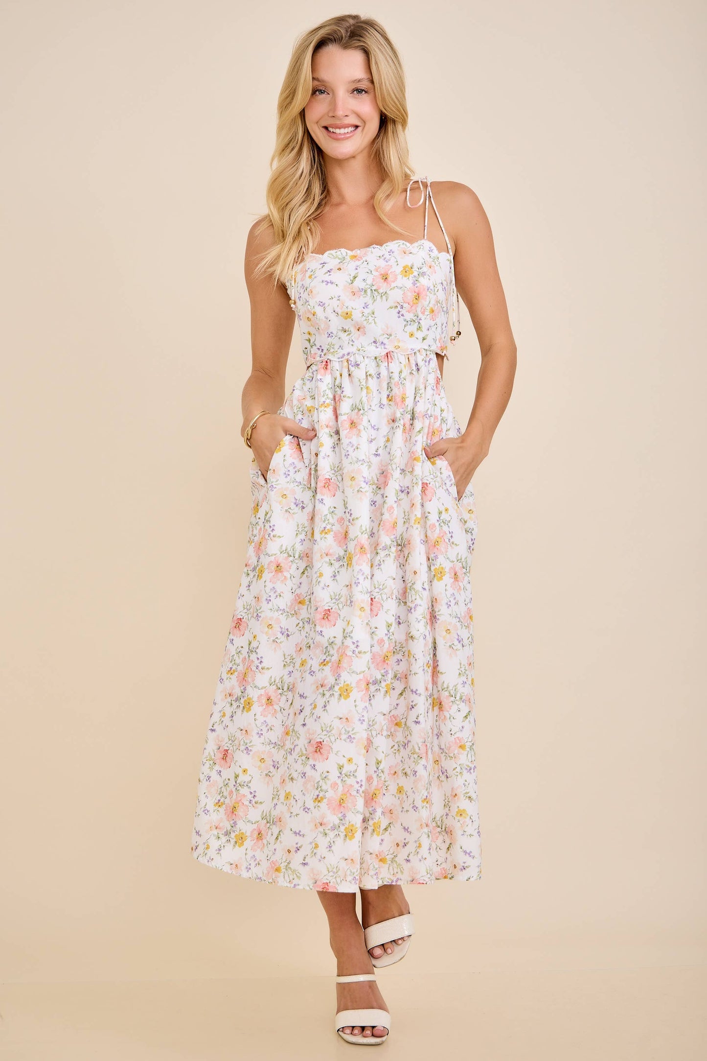 Main Strip White Scallop Edge Tie Shoulder Floral Midi Dress