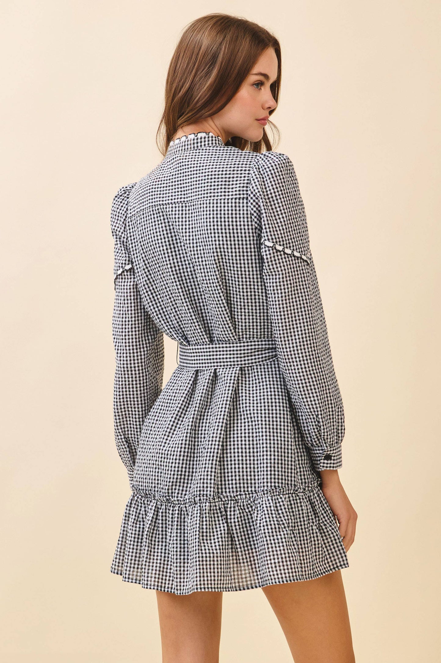 TCEC Gingham Ruffle Detail Contrast Trim Mini Dress