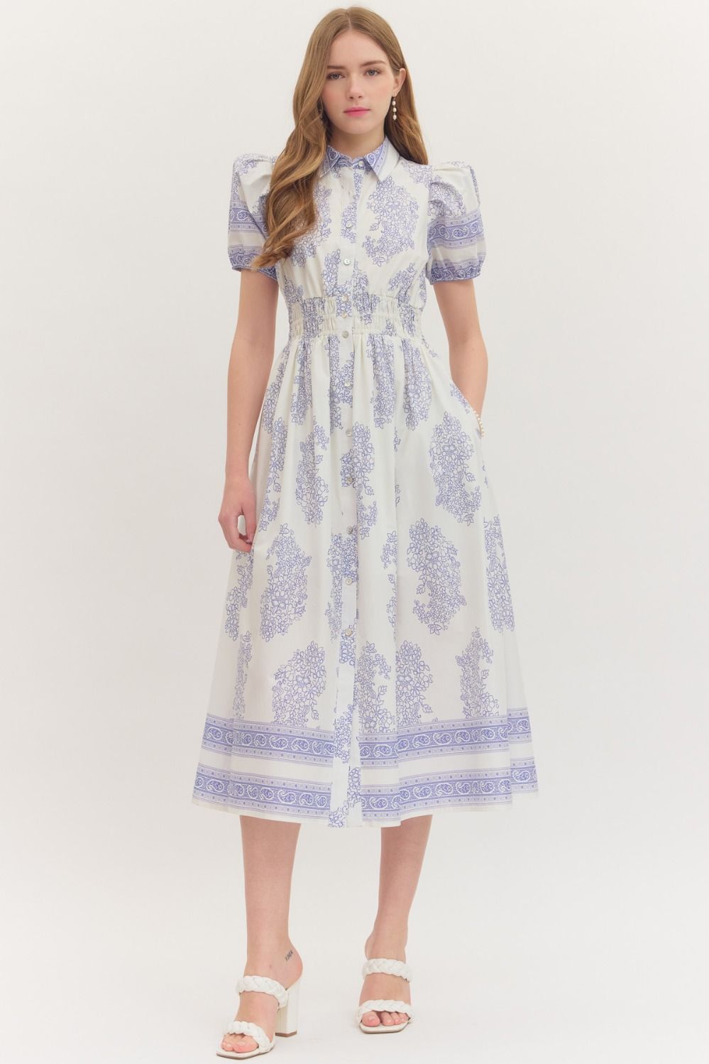 Entro Blue Botanical Print Puff Sleeve Midi Dress