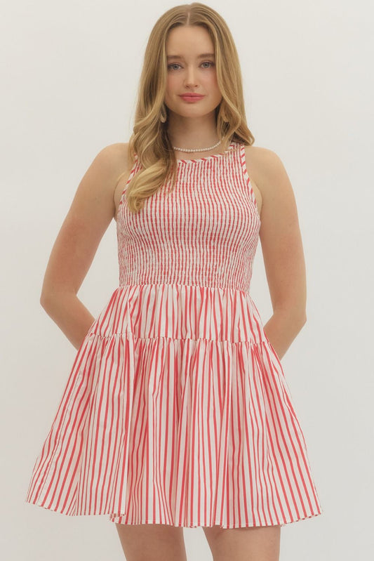 Entro Red Striped Smocked Dress