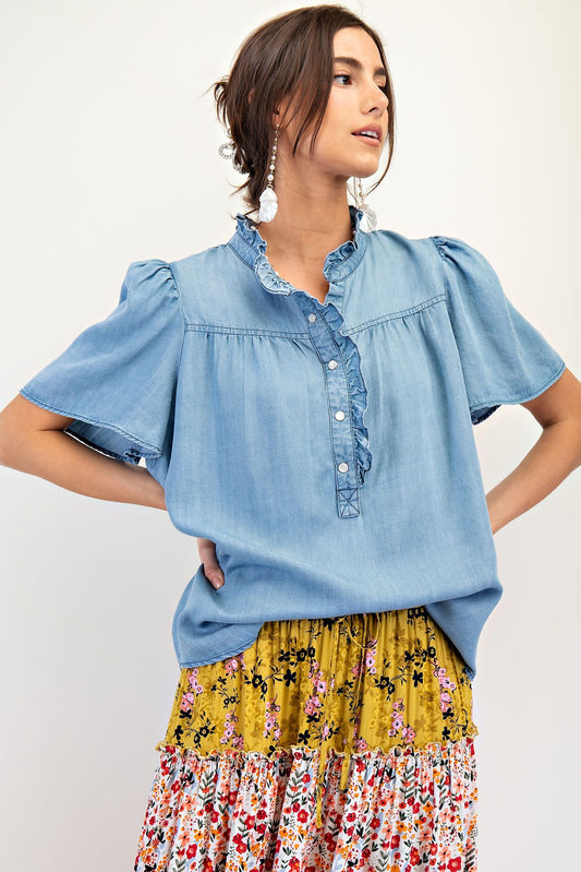 Easel Ruffle Denim Top