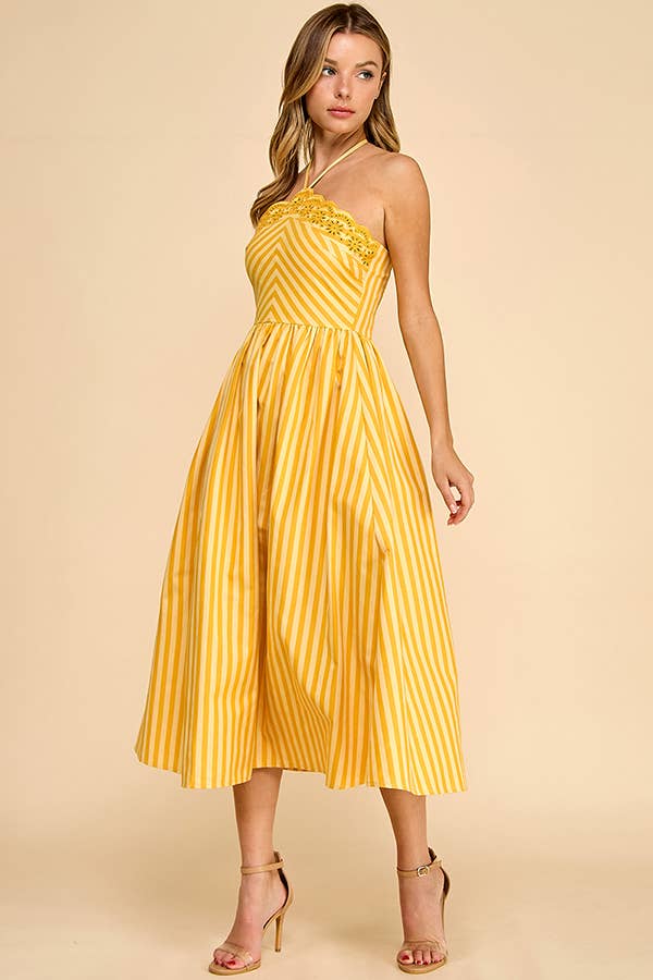 Baby Pink White/Pink Scalloped Halter Midi Dress