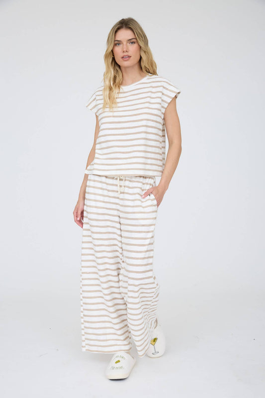 J.O.A. Khaki Stripe Drawstring Pant and Top Lounge Set