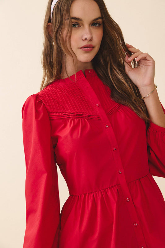 TCEC Pintuck Yoke Detail Button Front Mini Dress