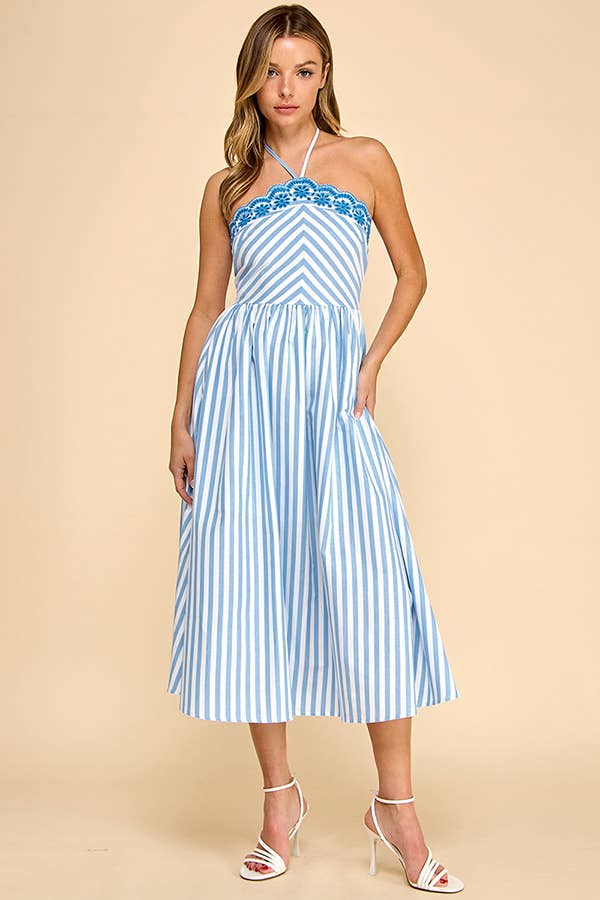 Baby Pink White/Pink Scalloped Halter Midi Dress