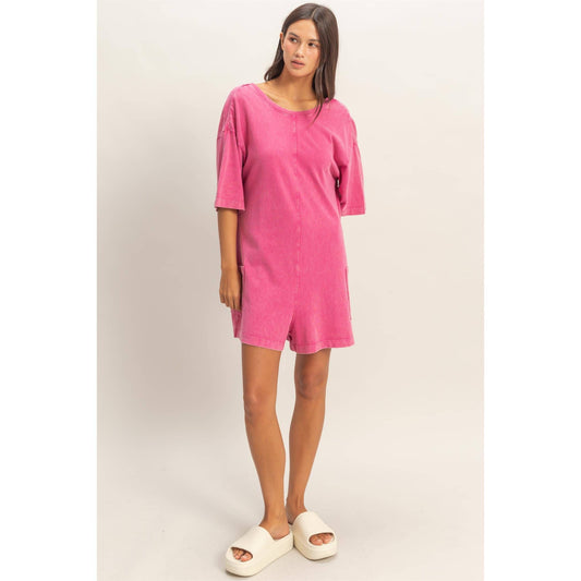 HYFVE Fuchsia Mineral Washed V-Back Romper