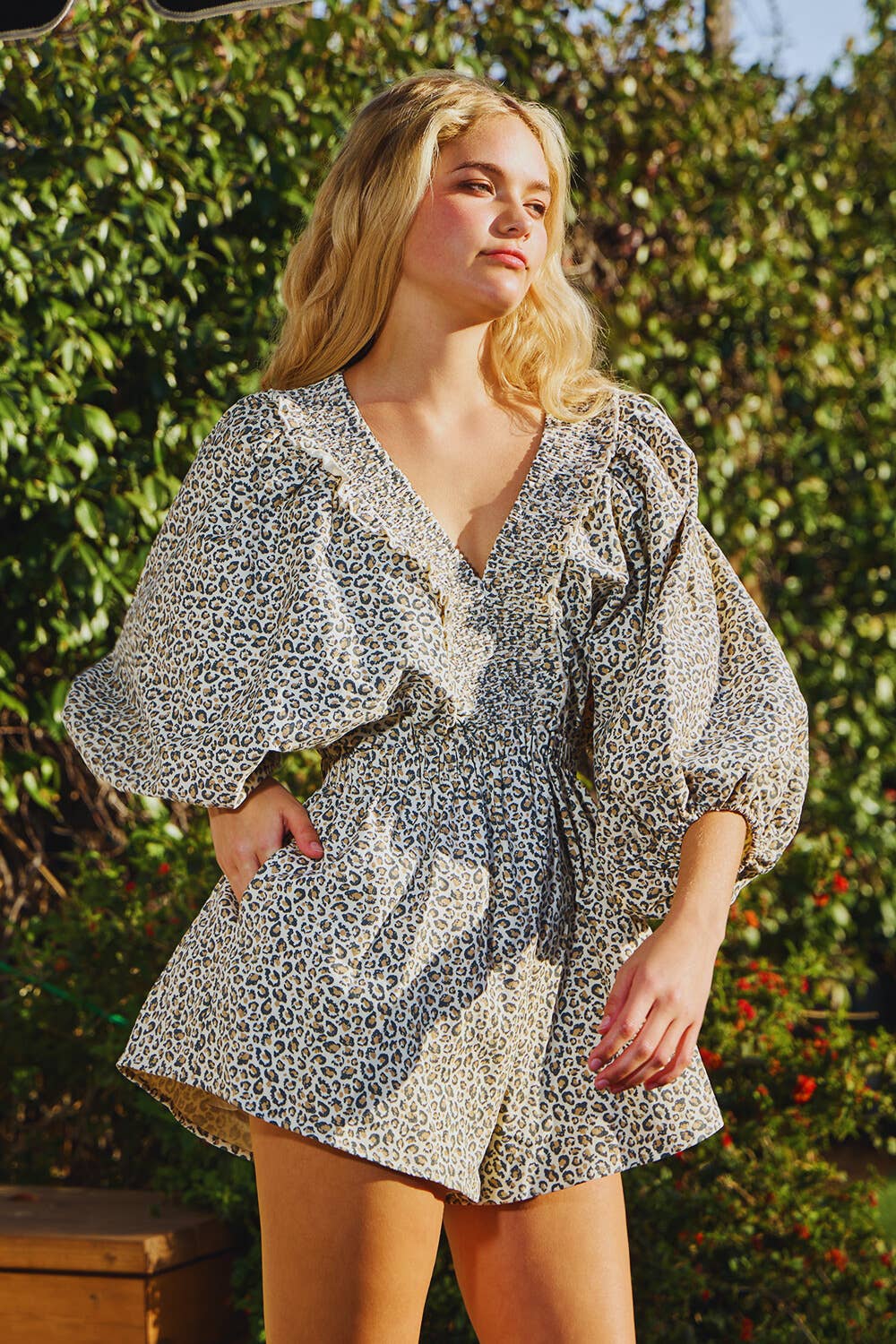 Bucketlist Smocked V-neck Ruffled Leopard Print Romper