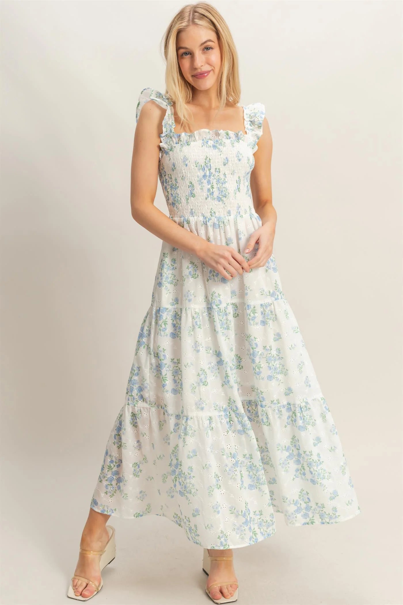 HYFVE Blue Smocked Floral Ruffle Strap Dress